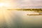 Aerial sunset view of wawatam lighthouse at the harbor of St. Ignace, Michigan in the Straits of Mackinac