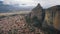 Aerial survey of Kalambaka town and Meteora