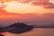 Aerial Taigong Mountain with huge statue of Jiang Taigong & Tianmu Lake at sunrise