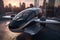 Aerial taxi of the future, autonomous driverless aerial vehicle flying, concept passenger autonomous aerial vehicle in the city