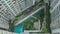 Aerial timelapse of people in decorative garden outside apartment blocks
