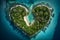 Aerial top bird eye view of Exotic Island in the Shape of a Heart Ocean. Love Travel Concept