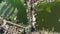 Aerial top down of fisherman huts and docks at river polluted with green algae