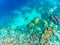 Aerial top down people snorkeling on coral reef tropical caribbean sea, turquoise blue water. Indonesia Banyak Islands Sumatra,