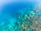 Aerial top down people snorkeling on coral reef tropical caribbean sea, turquoise blue water. Indonesia Wakatobi archipelago,