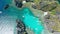 Aerial top down photo of entrance into the Small lagoon in El-Nido, tour A, Palawan. Philippines. Banka boats and kayaks