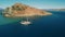 Aerial top down rotating drone shot of a motor yacht in Mediterranean Sea