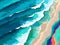 Aerial top down view of beach and sea with waves in a bold and colourful graphic design. AI Generated