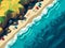 Aerial top down view of beach and sea with waves in a bold and colourful graphic design. Generative AI