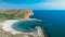 Aerial top down view of beautiful bay. Bolata beach on Black sea, Bulgaria. Famous bay near Cape Kaliakra