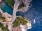 Aerial top down view of Fiordo di furore beach. Incredible beauty panorama of a paradise. The rocky seashore of southern Italy.