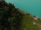 Aerial top down view Inguri reservoir lake in Upper Svaneti region, Georgia. Summer day, Emerland water. The mountains are covered