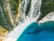 Aerial top down view of Myrtos beach, the most famous and beautiful beach of Kefalonia, a large coast with turqoise water and