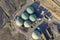 Aerial top down view over biogas plant