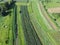 Aerial top down view photo of corn field on the plains surrounding Zagreb city, at the countryside following the Sava river