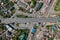 Aerial top down view of road bridge with traffic, road infrastructure. Resolving of car traffic jam.