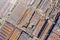 Aerial top image of weathered rusty roofs of industrial buildings