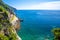 Aerial top panoramic view of Ligurian Sea and Manarola train station, coastline with rocks and cliffs of Riviera di Levante, Natio