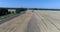 Aerial top shot of harvesting of wheat by two green harvesters