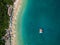 Aerial top view from above to Summer Beach Prainhas do Pontal de Atalaia in Arraial do Cabo in the Brazilian state of