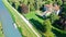 Aerial top view of ancient villa Giovanelli and garden on canal Brenta from above, Padua Padova in Veneto, Venice region, Italy