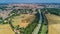 Aerial top view of Beziers town, river and bridges from above, France