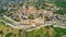 Aerial top view of Carcassonne medieval city and fortress castle from above, France