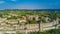 Aerial top view of Carcassonne medieval city and fortress castle from above, France