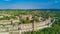 Aerial top view of Carcassonne medieval city and fortress castle from above, France