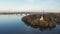 Aerial top view of church on Monastic island on Dnieper river in Dnipro city.