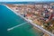 Aerial top view city Baltic sea beach Zelenogradsk Kaliningrad Russia summer sunny day