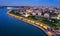 Aerial top view of city Kazan Kazanka river embankment sunset, Tatarstan Russia