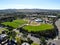 Aerial top view of Community park baseball sports field.