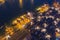 Aerial top view of container cargo ship in the export and import business and logistics international goods in urban city.