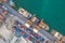 Aerial top view container cargo ship working. Business import export logistic and transportation of International by ship in the