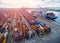 Aerial top view container in port warehouse waiting for export .