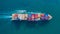 Aerial top view container ship with crane bridge for load container, Business global company commercial trade logistics import