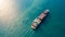 Aerial top view container ship with crane bridge for load container, Business global company commercial trade logistics import