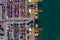 Aerial top view containers terminal and shipping loading containers