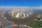 Aerial top view of curve of Chao Phraya River and Bangkok Downtown. Thailand. Financial district and business office centers in