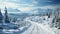 Aerial top view Curvy road in snow covered forest in winter