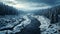 Aerial top view Curvy road in snow covered forest in winter