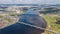 Aerial top view of Dnieper river in Kyiv, Trukhaniv and Rybalskiy islands, bridges and cityscape of Kiev city, Ukraine