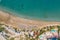 Aerial top view of famous Coral Bay Beach near paphos, Cyprus. Idyllic tropical landscape for rest with sandy beach and