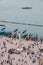 Aerial top view of the Gondola Pier, from huge cathedral bell tower San Marco Campanile. A lot of people on the