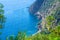 Aerial top view of Guvano Beach, rocks, cliffs and water of Gulf of Genoa, Ligurian Sea, coastline of Riviera di Levante, National