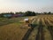 Aerial top view harvester in paddy field.