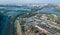 Aerial top view of industrial park zone from above, factory chimneys and warehouses, industry district