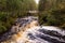 Aerial top view of Jukankoski waterfall on the river Kulismayoki in Karelia