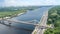 Aerial top view of Kiev city from above, Kyiv skyline, hills, pedestrian Park bridge and Dnieper river cityscape, Ukraine